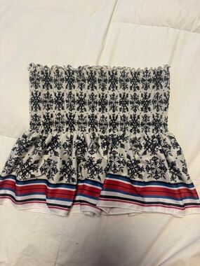 Zara White Smocked Mini Skirt with Navy Floral and Red-Blue Stripe Hem
